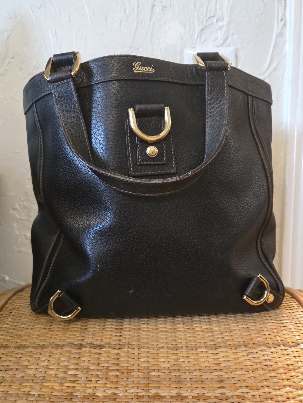 Gucci Navy Blue Pebbled Leather Tote with Gold Hardware Accents